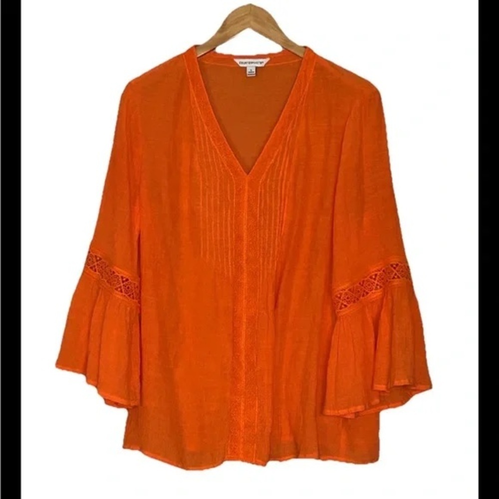 Counterparts Orange 3/4 Bell Sleeve Pintuck and Crochet Blouse